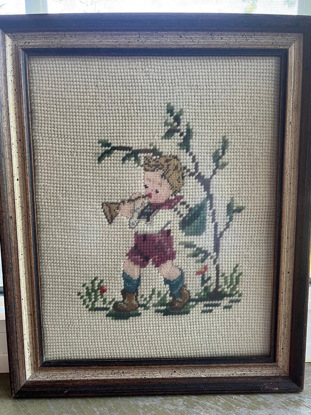 Vintage 1970s Needlepoint Art: Framed Boy Trumpet Player